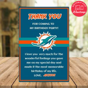 Miami Dolphins Thank you card Template to Print at Home Instant Download