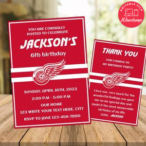 Detroit Red Wings Party Invitations and Free Thank You Card Instant Download