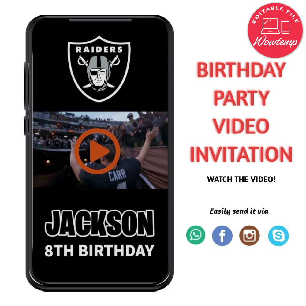 Las Vegas Raiders Birthday Video Invitation Digital Template Customizable Instant Download