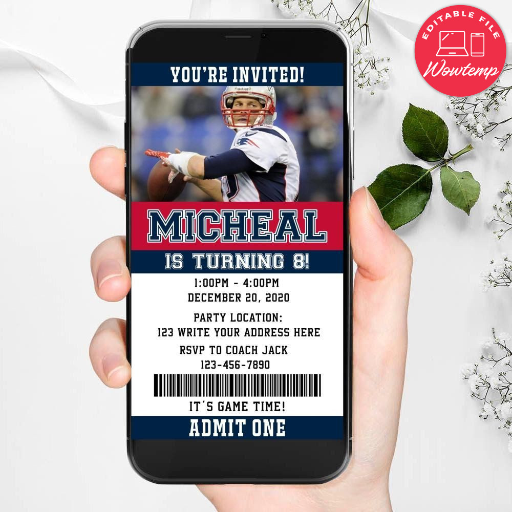 Electronic New England Patriots Electronic Invite Birthday Invitations Instant Download