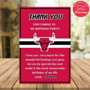 Chicago Bulls Thank you card Template to Print at Home Instant Download