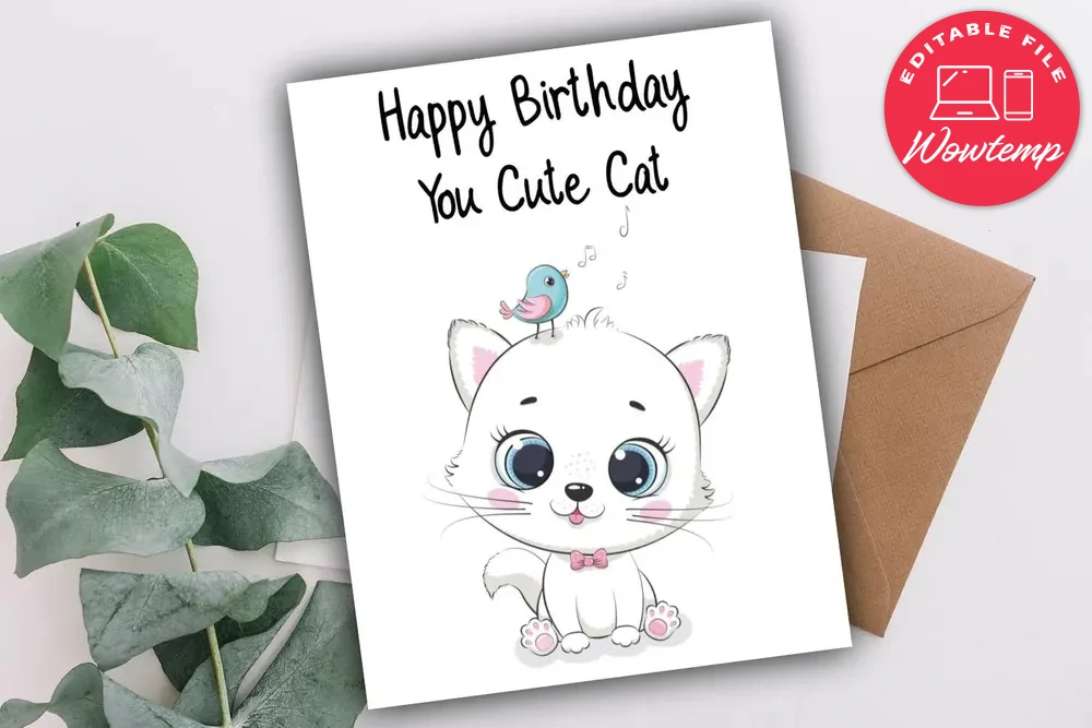 Printable Cute Cat Birthday Card Instant Instant Download | Wowtemp