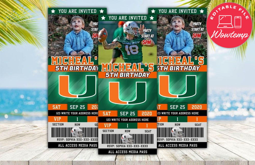 Editable Miami Hurricanes Birthday Ticket Invitation Instant Download