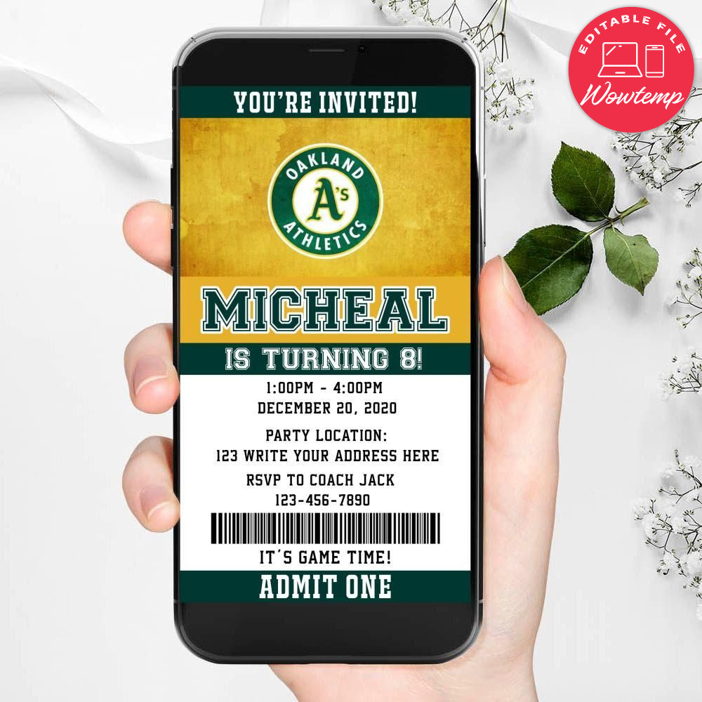 Electronic Oakland Athletics Ticket Electronic Invite Birthday Invitations Instant Download