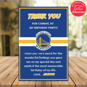 Golden State Warriors Thank you card Template to Print at Home Instant Download