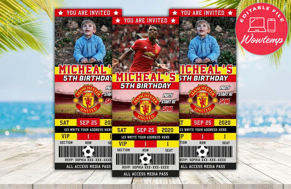Editable Manchester United F.C Birthday Ticket Invitation Instant Download