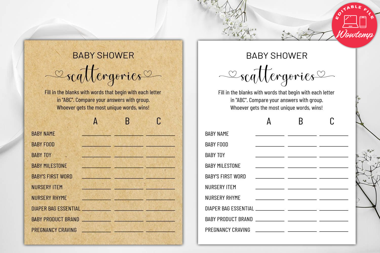 Printable Baby Scattergories Baby Shower Game Instant Download | Wowtemp
