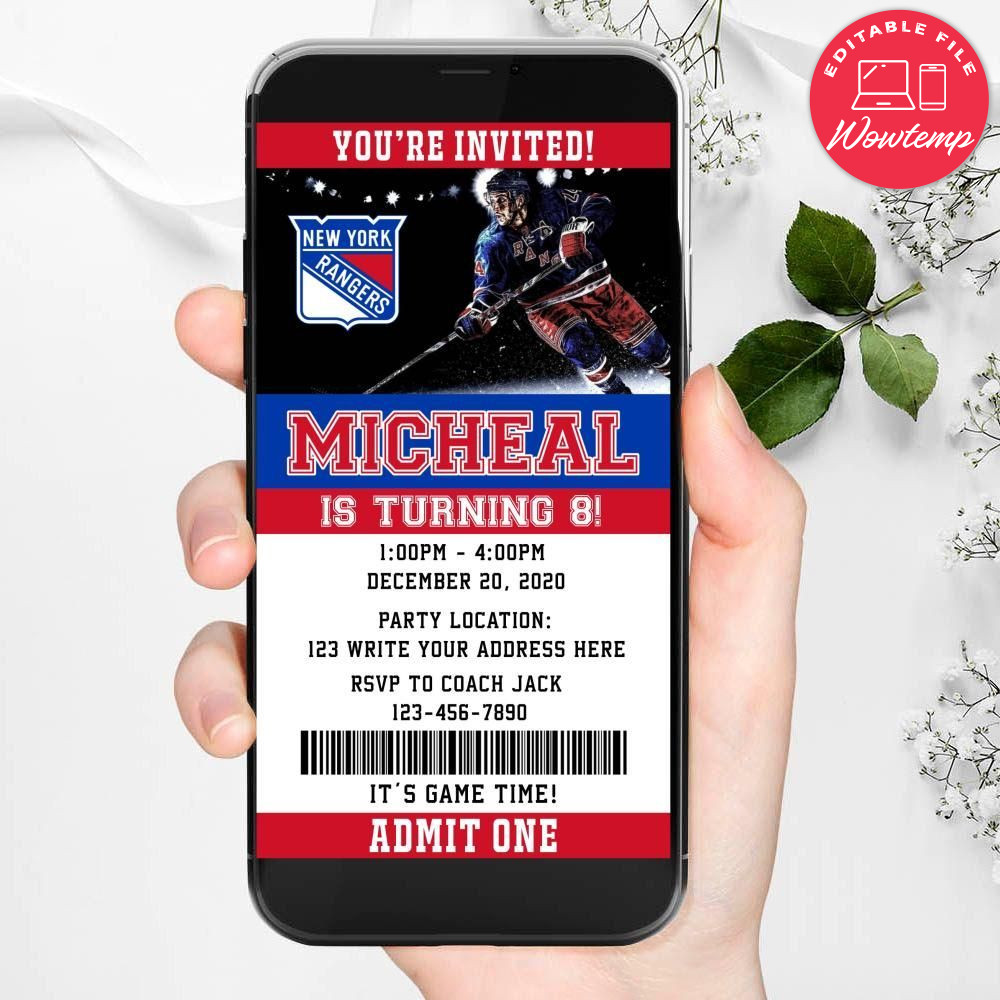 Electronic New York Rangers Electronic Invite Birthday Invitations Instant Download