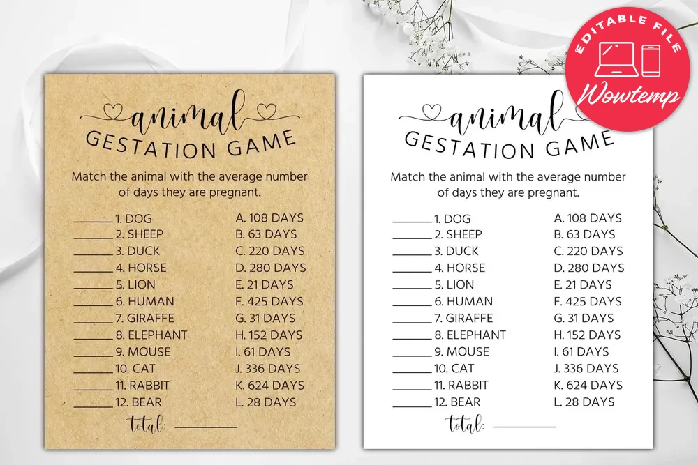 Printable Animal Gestation Game Baby Shower Game Instant Download ...