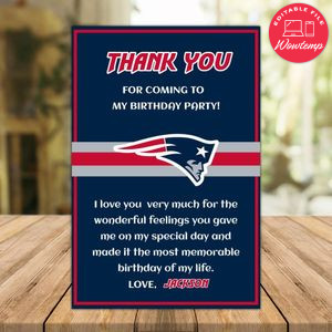 New England Patriots Thank you card Template to Print at Home Instant Download