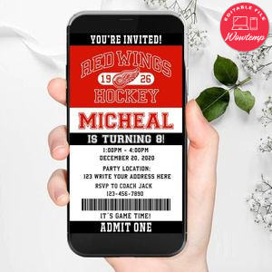 Electronic Detroit Red Wings Birthday Invitation Instant Download
