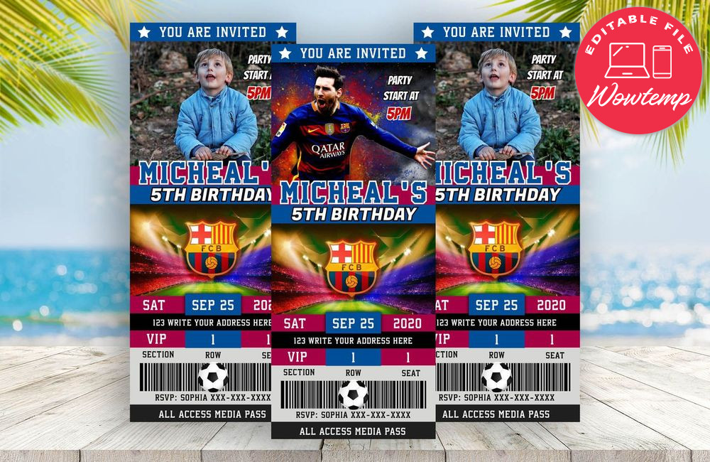 Editable Lionel Messi Barcelona FC Birthday Ticket Invitation Instant Download
