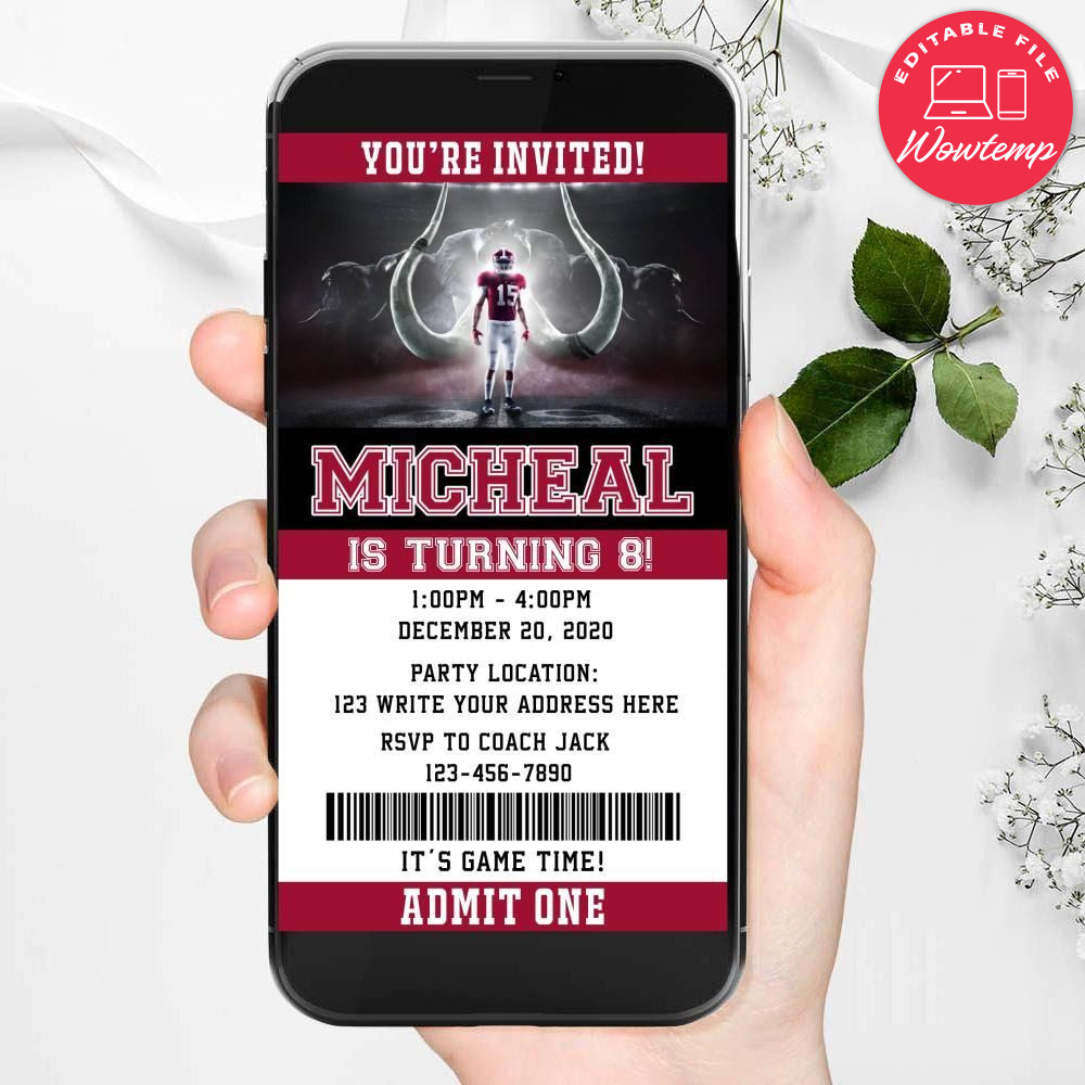 Electronic Alabama Crimson Tide Electronic Invite Birthday Invitations Instant Download