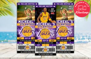 Editable Kobe Bryant Los Angeles Lakers Birthday Ticket Invites Instant Download