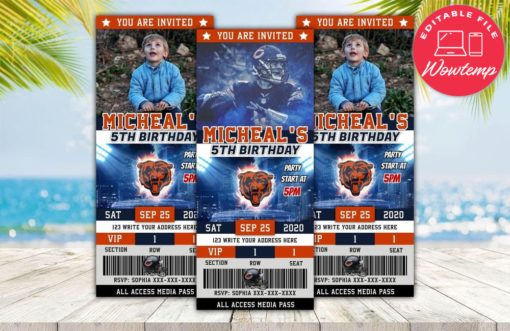 Editable Chicago Bears Birthday Ticket Invite Instant Download
