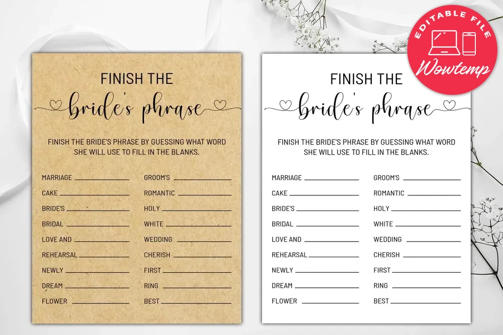 Printable Finish the Bride's Phrase Bridal Shower Game DIY | Wowtemp