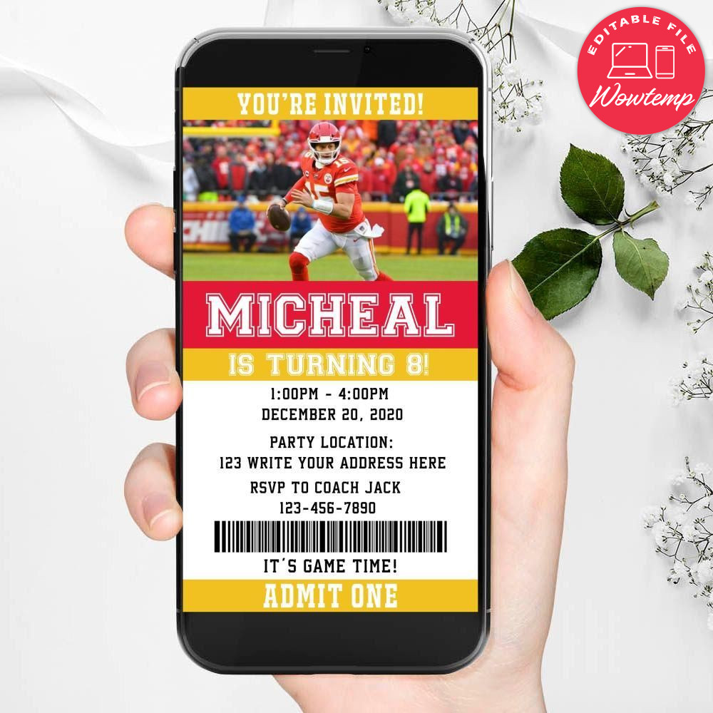Electronic Kansas City Chiefs Ticket Electronic Invite Birthday Invitations Digital File