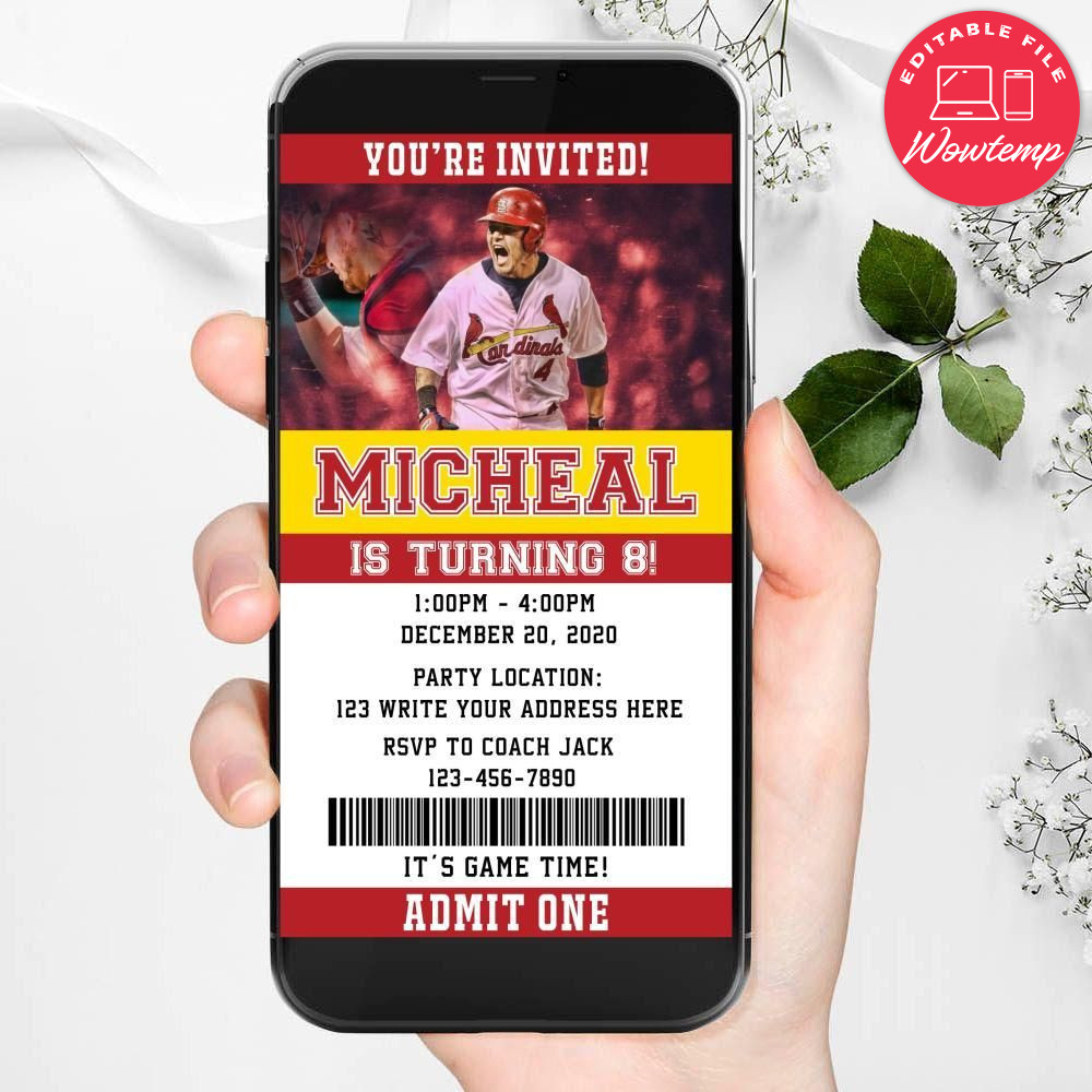 Electronic St. Louis Cardinals Ticket Electronic Invite Birthday Invitations Instant Download