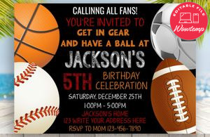 Editable Sports, Basketball, Baseball, Football, Soccer Invitations Instant Download