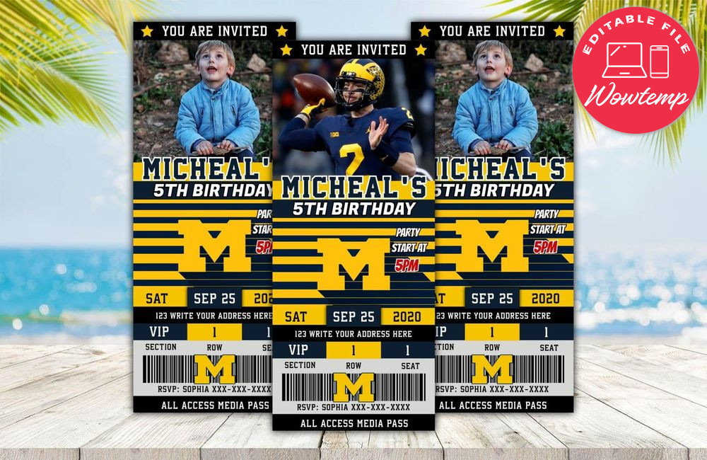 Michigan Wolverines Football Ticket Birthday Editable Templates Instant Download