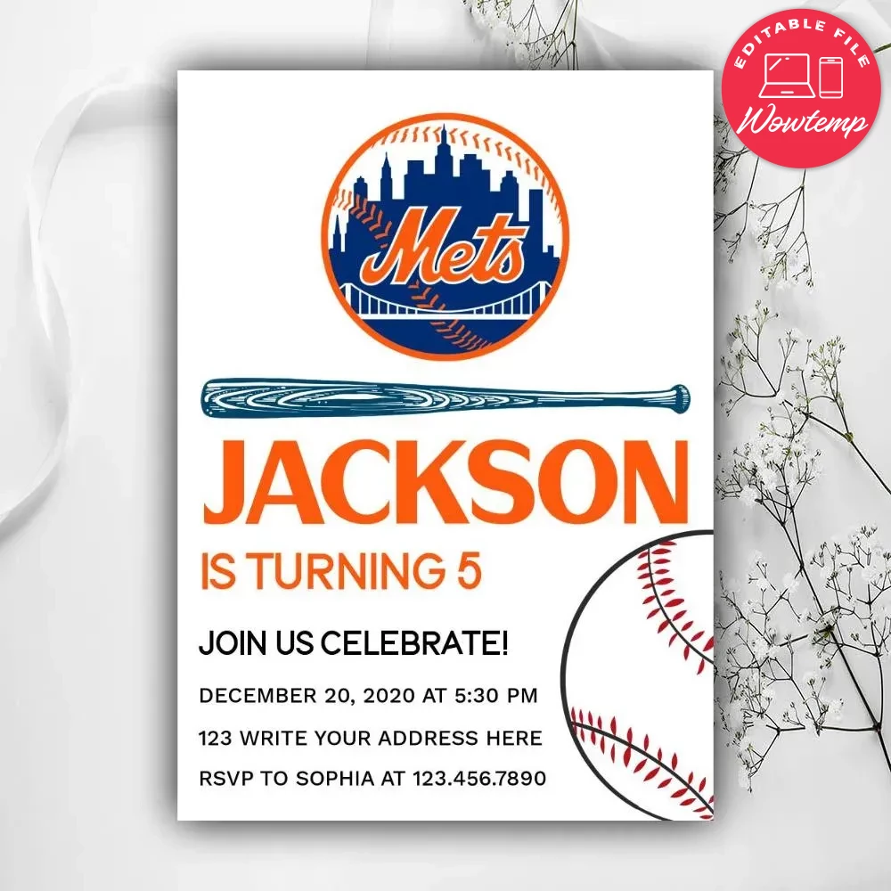 Printable New York Mets Birthday Invitation Instant Download | Wowtemp