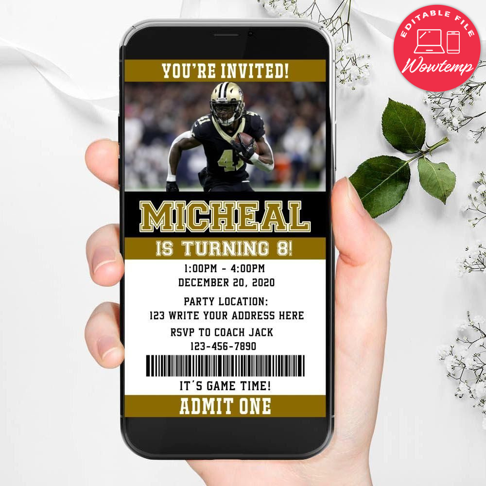 Electronic Alvin Kamara New Orleans Saints Electronic Invite Birthday Invitations Instant Download