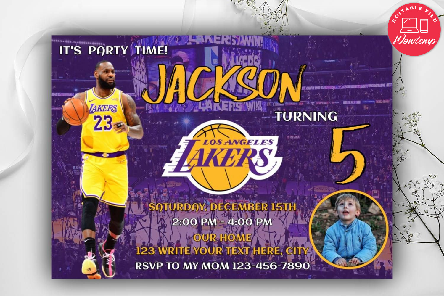 Lakers Birthday Flyer Editable Canva Template (Vertical)