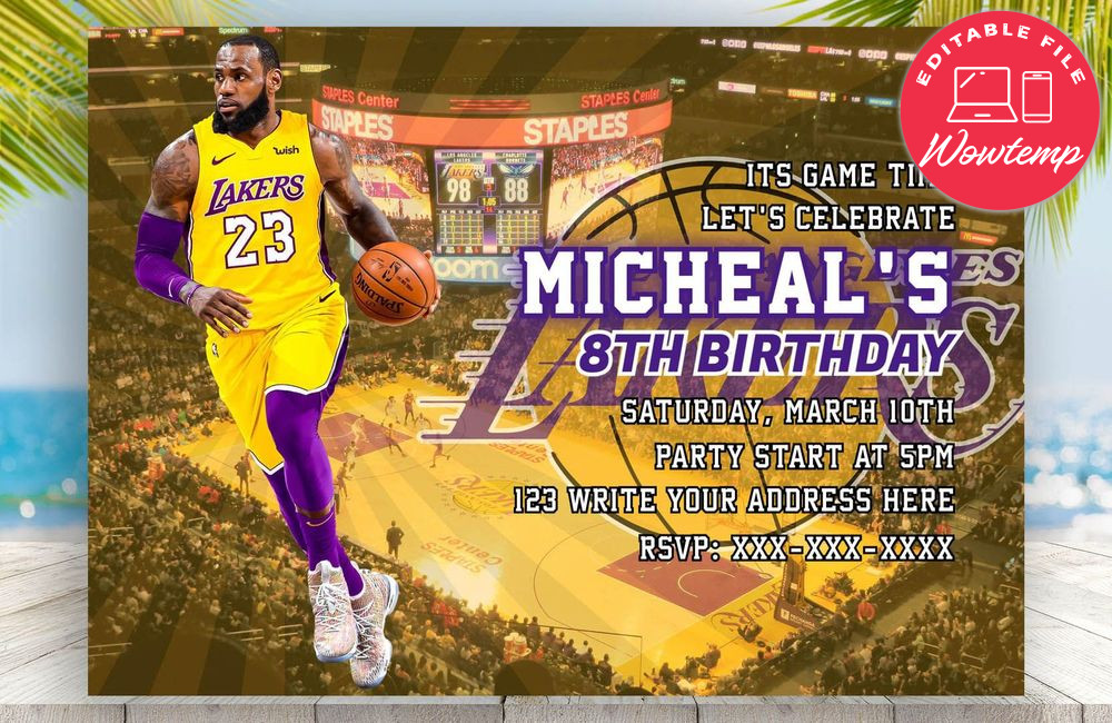 Printed - Editable Los Angeles Lakers Digital Party Invitation Invite (envelopes included)