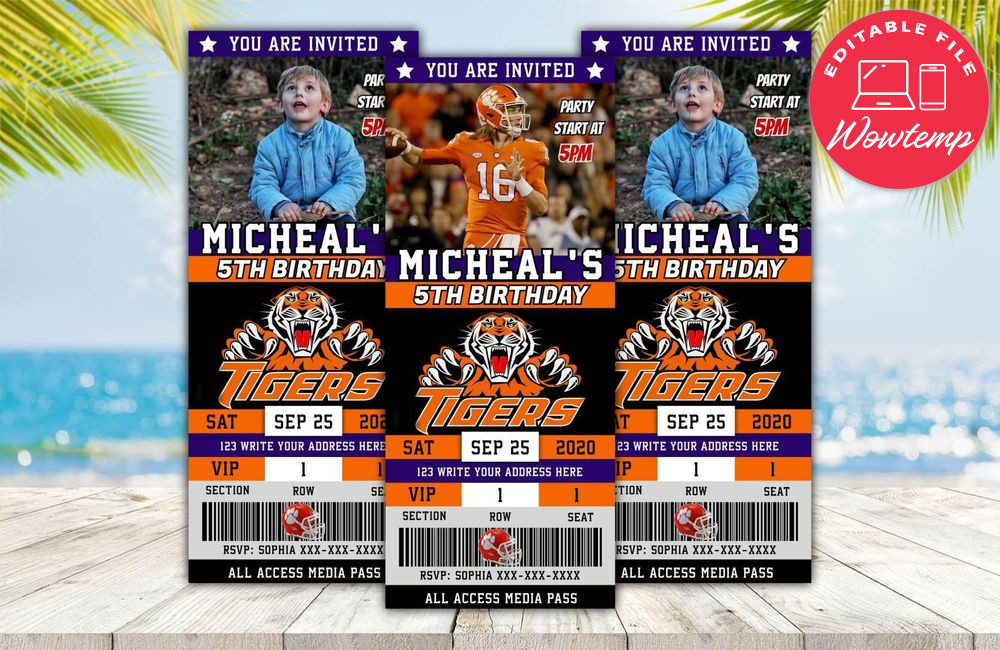 Editable Clemson Tigers Birthday Ticket Invitations Instant Download