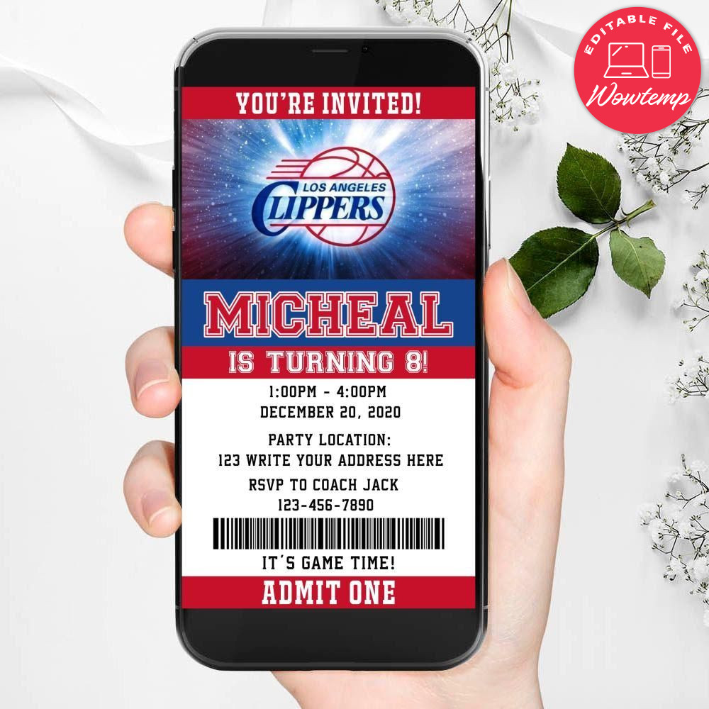 Electronic Los Angeles Clippers Electronic Invite Birthday Flyer Instant Download