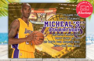 Editable Kobe Bryant Los Angeles Lakers Digital Party Invite Instant Download