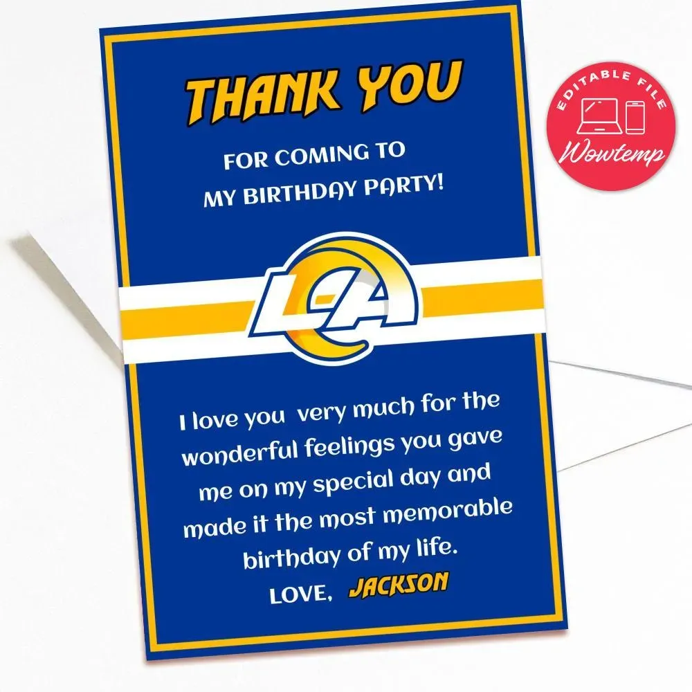 Los Angeles Rams Thank you card Template to Print at Home | Wowtemp