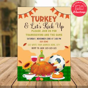 Turkey Soccer Thanksgiving Invitation Instant Download