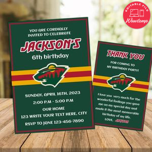 Minnesota Wild Party Invitations and Free Thank You Card Instant Download