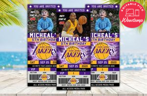 Editable Kobe Bryant Los Angeles Lakers Birthday Ticket Invites DIY
