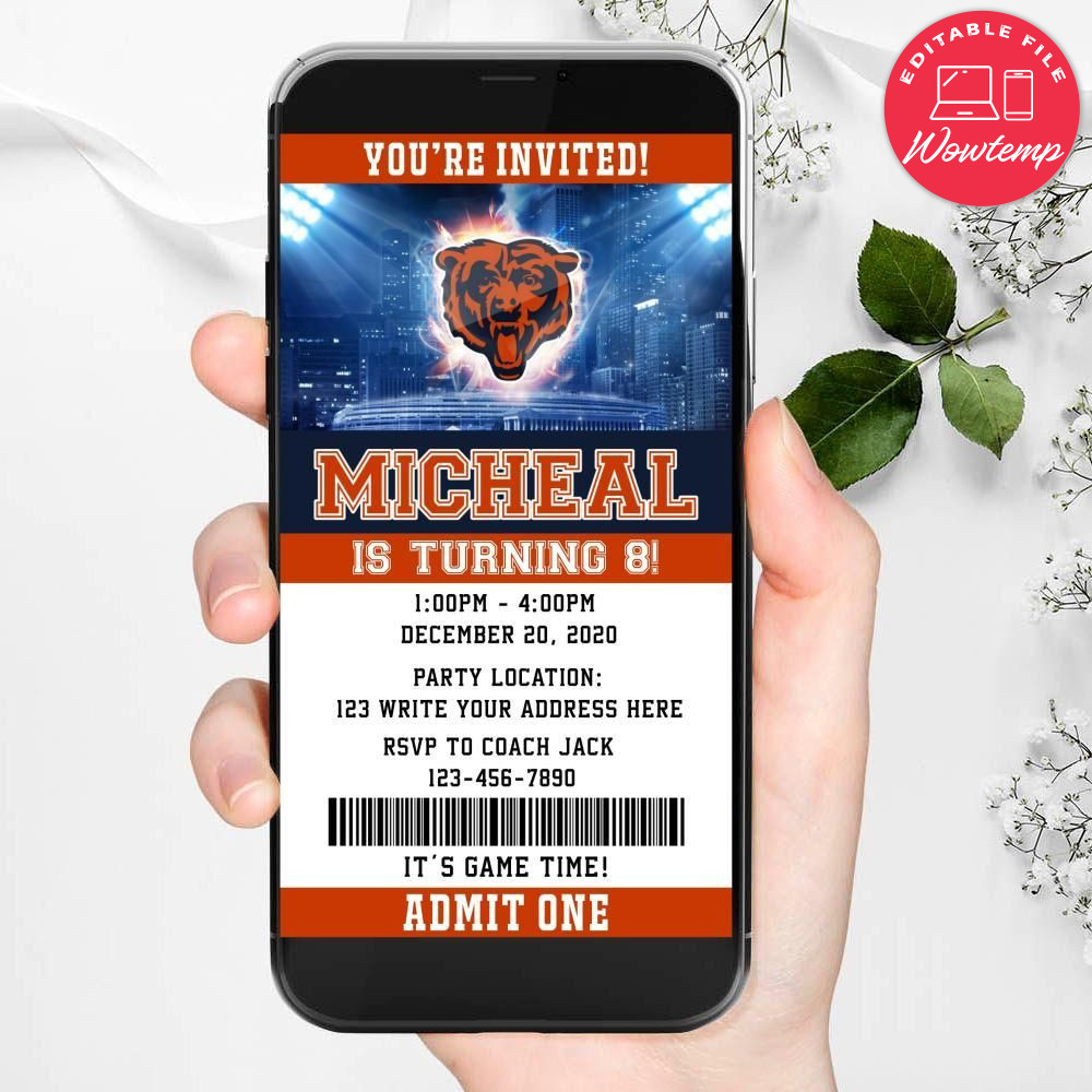 Electronic Chicago Bears Electronic Invite Birthday Flyer Instant Download