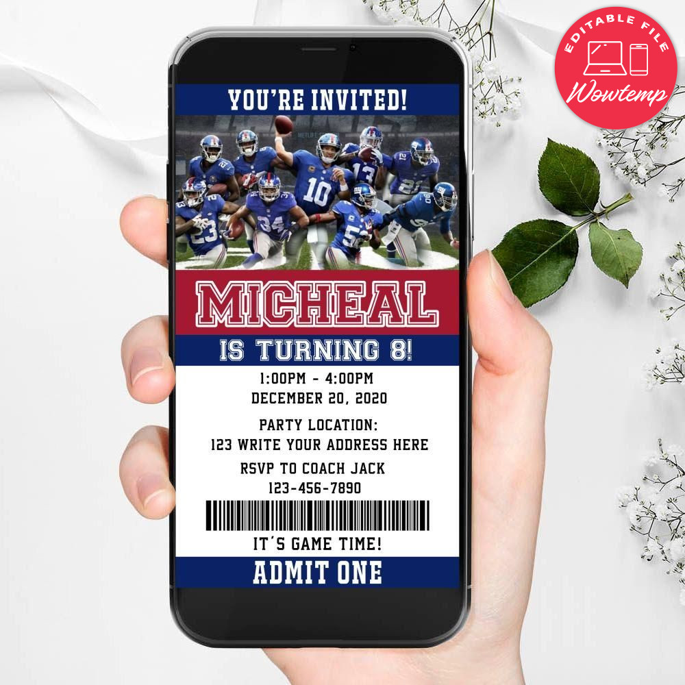Electronic New York Giants Electronic Invite Birthday Invitations Instant Download