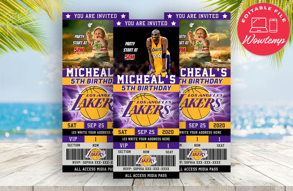 Editable Los Angeles Lakers Birthday Ticket Invitation Instant Download