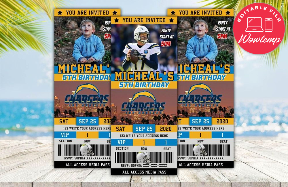 Editable Los Angeles Chargers Birthday Ticket Invitation Instant Download