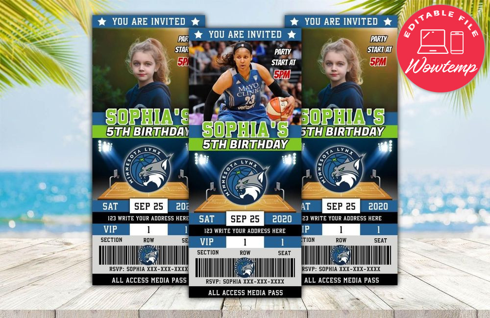 Editable Minnesota Lynx Birthday Ticket Invitations Instant Download