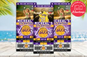 Editable Kobe Bryant Los Angeles Lakers Birthday Ticket Invitations DIY