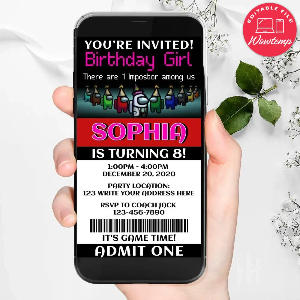 Electronic Girl Among Us Electronic Invite Birthday Party Invites DIY