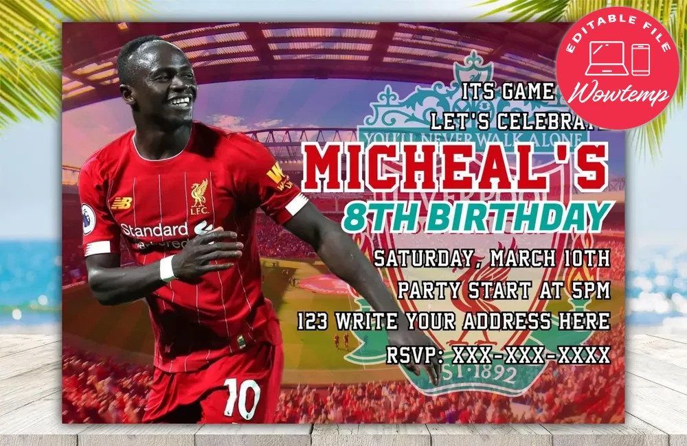 Editable Sadio Mane Liverpool FC Party Invitation DIY | Wowtemp