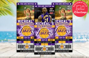 Editable Kobe Bryant Los Angeles Lakers Birthday Ticket Invitation DIY