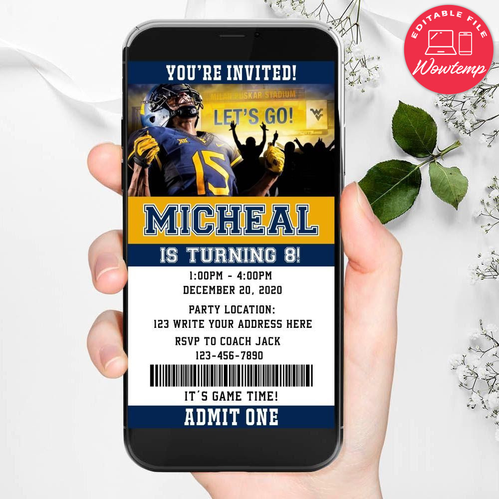Electronic West Virginia Mountaineers Ticket Electronic Invite Birthday Invitations Instant Download