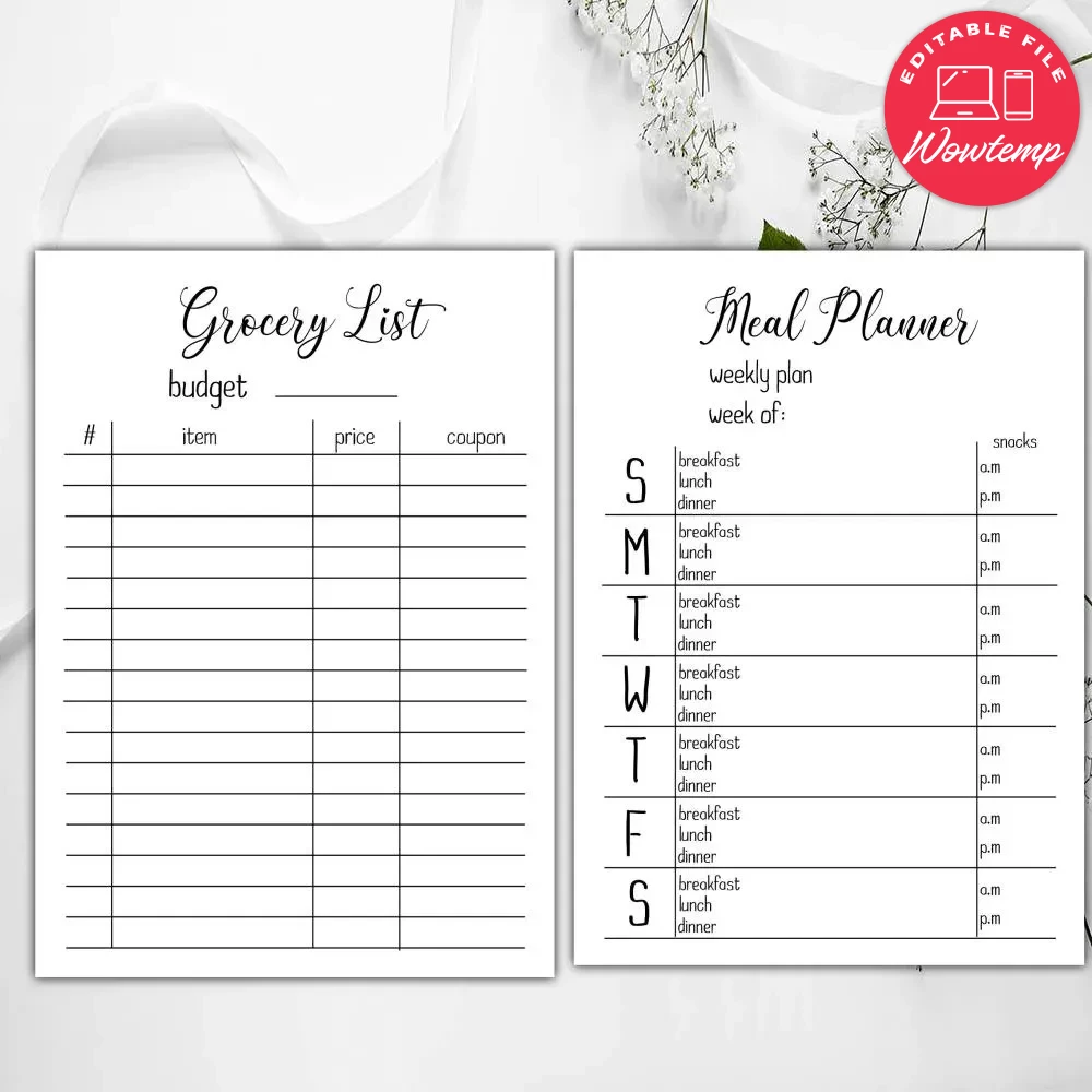 Meal Planner and Grocery List Printable Instant Download | Wowtemp