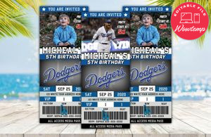 Editable Los Angeles Dodgers Birthday Ticket Party Invites Instant Download