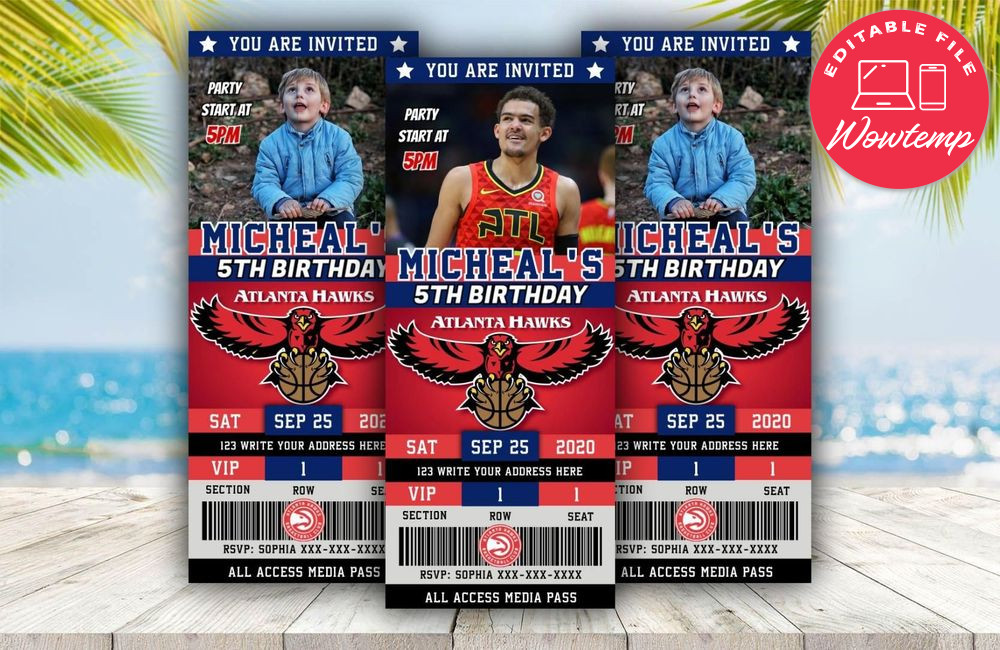 Editable Atlanta Hawks Basketball Birthday Ticket Invitations Instant Download