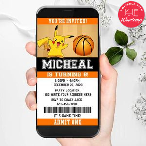 Electronic Pikachu Basketball Ticket Electronic Invite Birthday Invites Instant Download