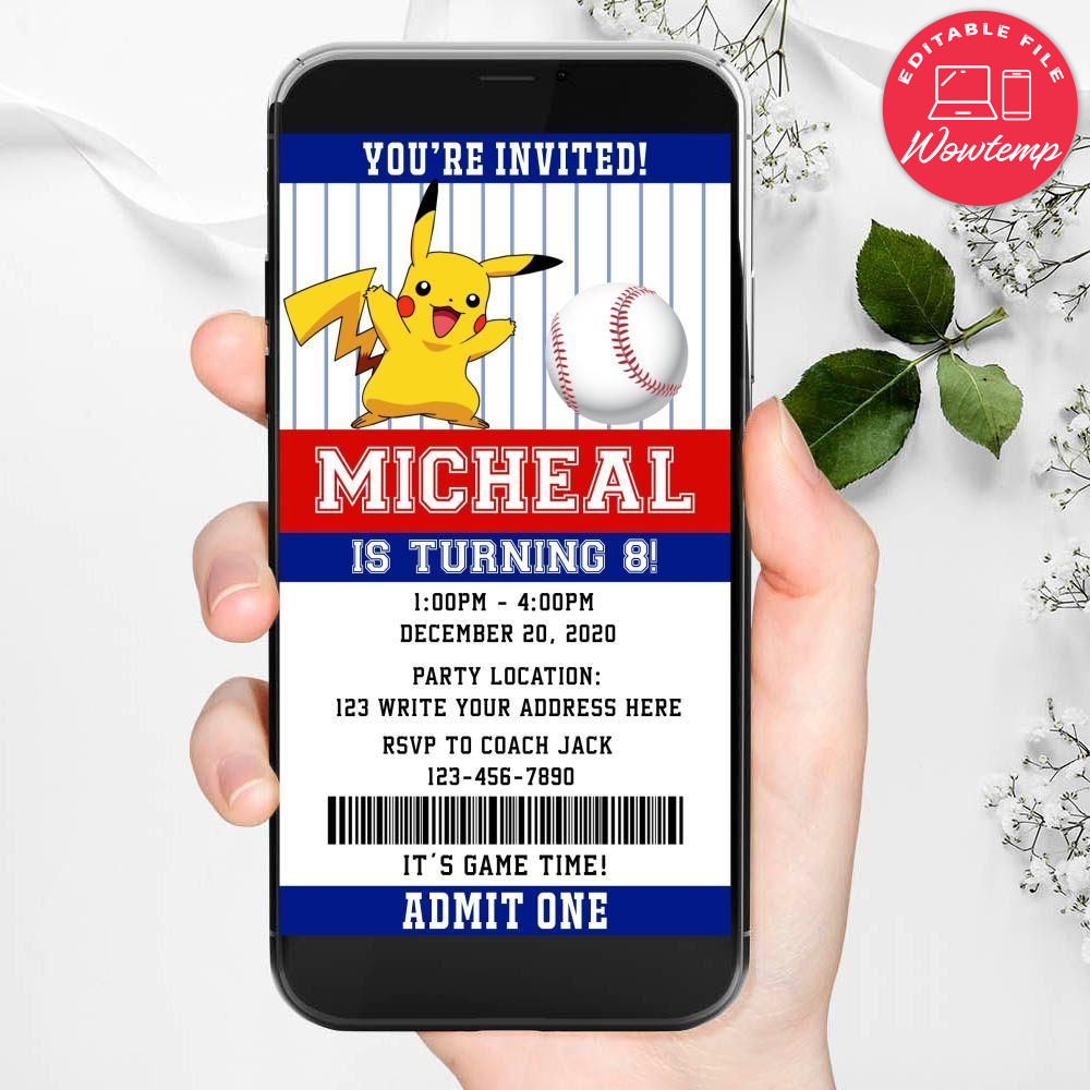 Electronic Pikachu Baseball Ticket Electronic Invite Birthday Flyer Instant Download
